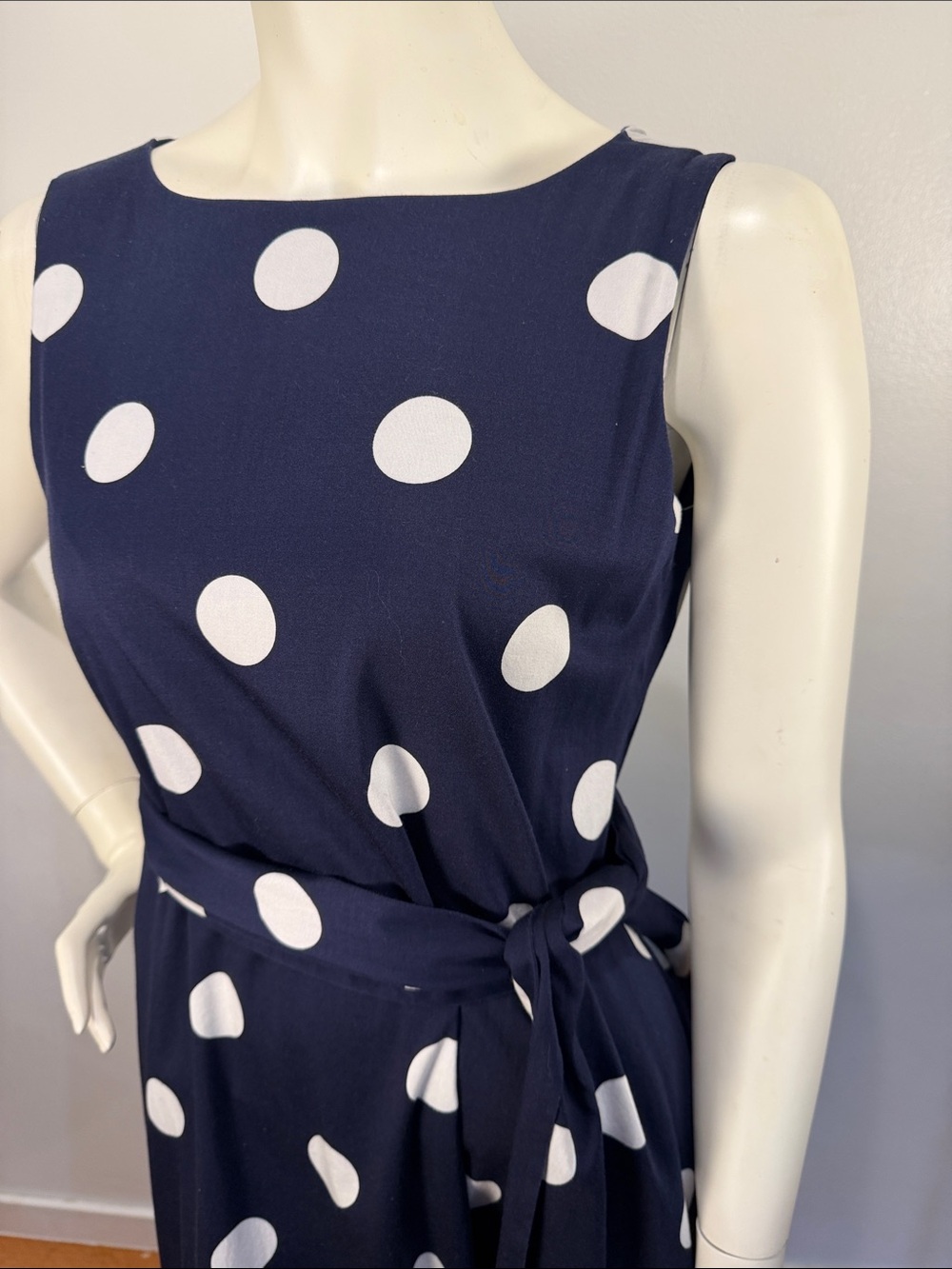 Anne Klein Navy & White Polka Dots womens Cotton Midi Dress With Sash Dress Sz S - Picture 4 of 9